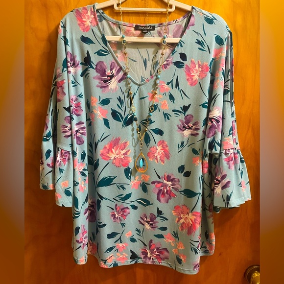 Roz & Ali Tops - Roz & Ali Floral Blouse - Blue and Pink 2X